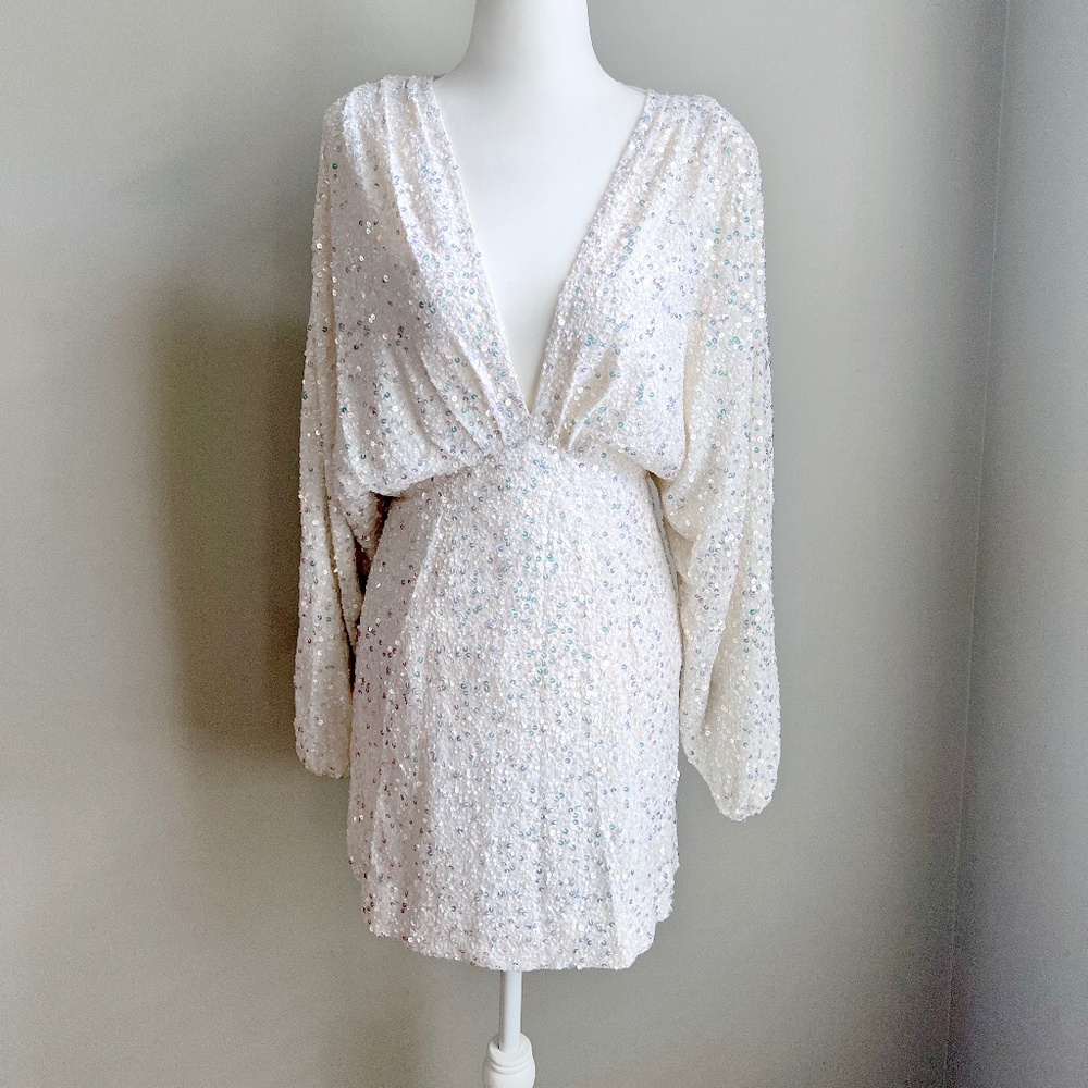 Retrofete Aubrielle Sequin Chiffon Mini Dress - Size M - White - Worn Once